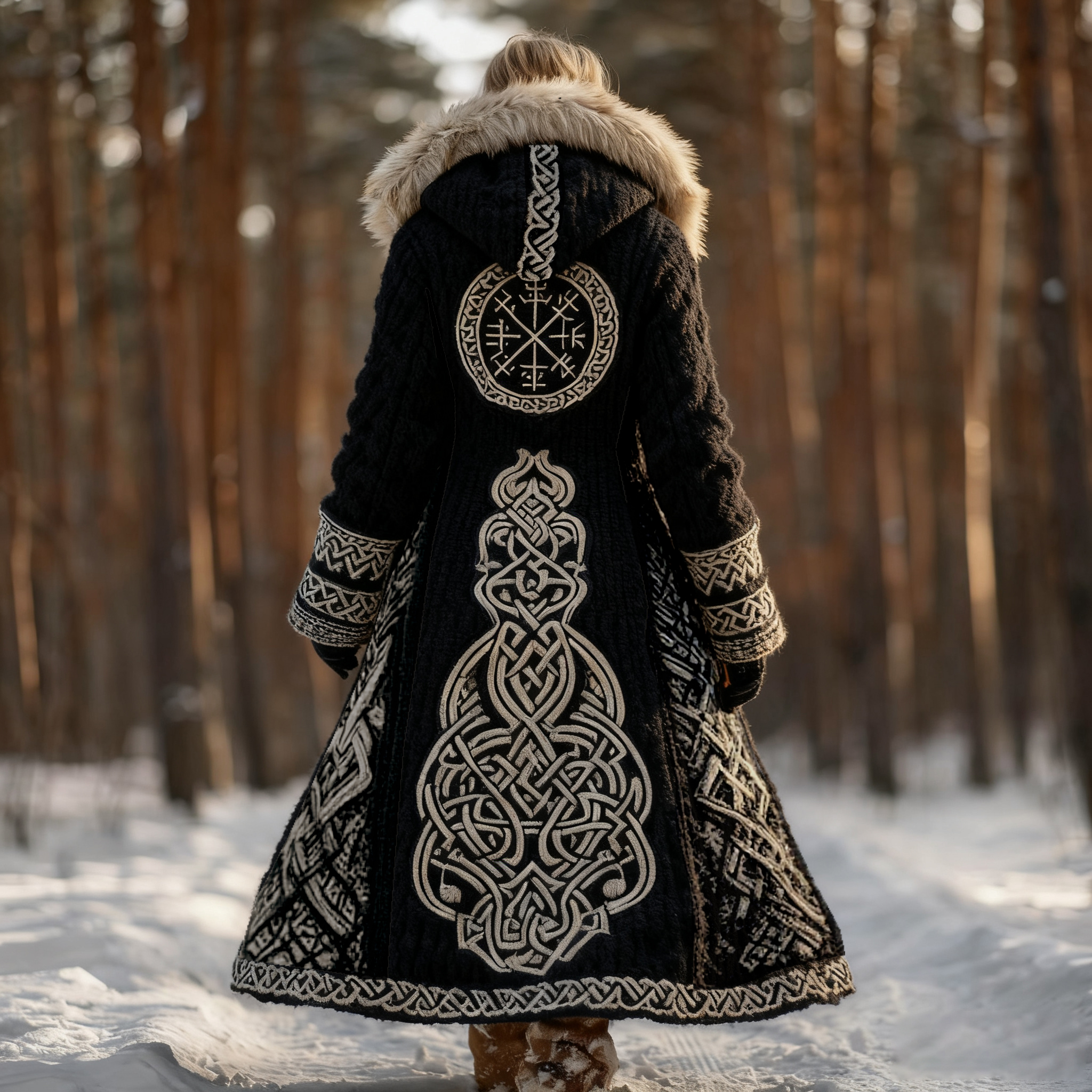 Women's Viking Rune Celtic Knot Knit Fuzzy Maxi Hooded Cardigan