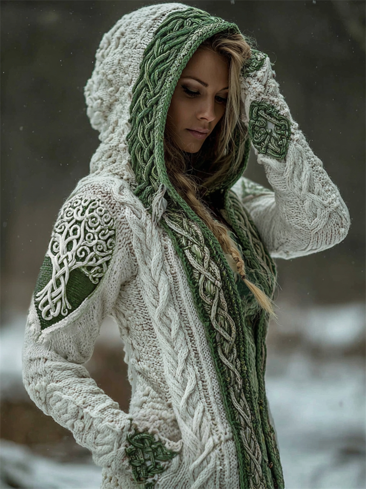 Vintage Viking Tree Of Life Celtic Contrast Hooded Chunky Cardigan