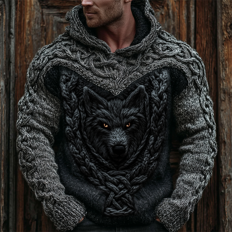 Men's Viking Wolf Celtic Crochet Hooded Cozy Chunky Sweater