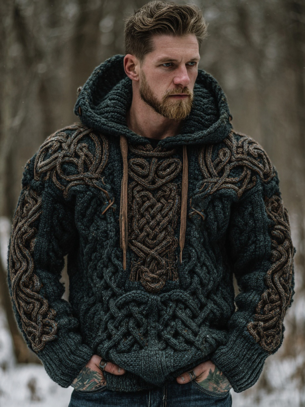 Men's Viking Celtic Knot Jacquard Knitted Hooded Sweater