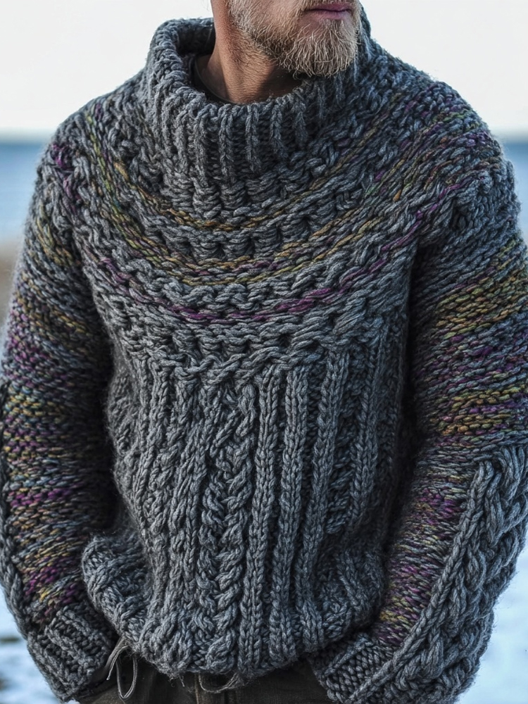 Men's Vintage Jacquard Chunky Cozy Knit Turtleneck Sweater