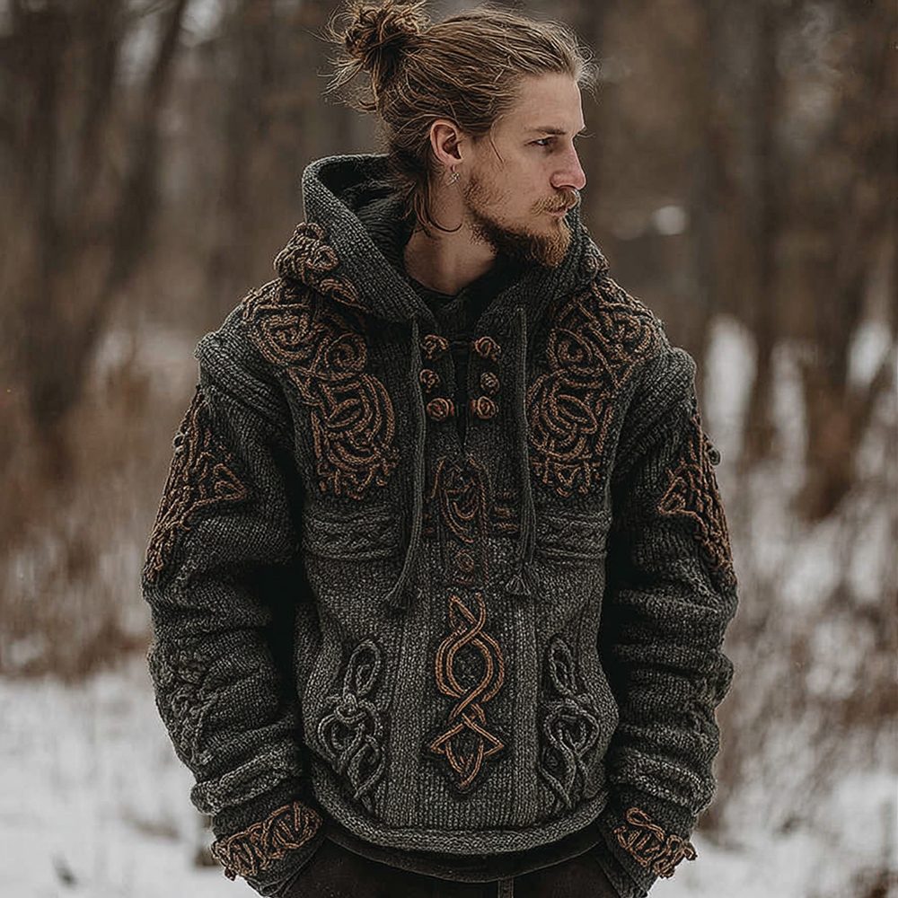 Men's Vintage Celtic Knot Contrast Jacquard Knit Hooded Sweater