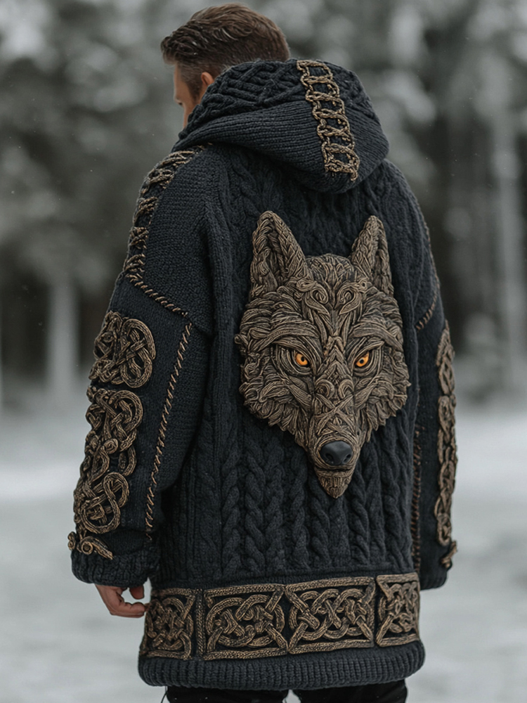Men's Vintage Viking Celtic Knot Wolf Jacquard Knit Hooded Zipper Sweater Cardigan
