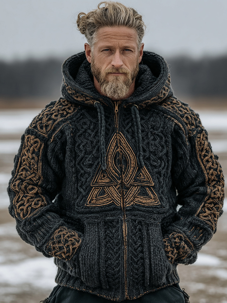 Men's Vintage Viking Celtic Knot Knit Zip Up Hooded Sweater