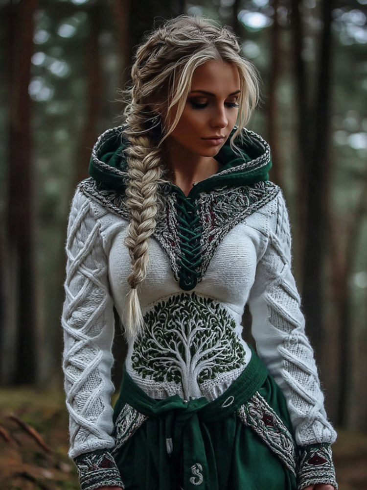 Women's Vintage Tree Of Life Knit Casual Hooded Sweater