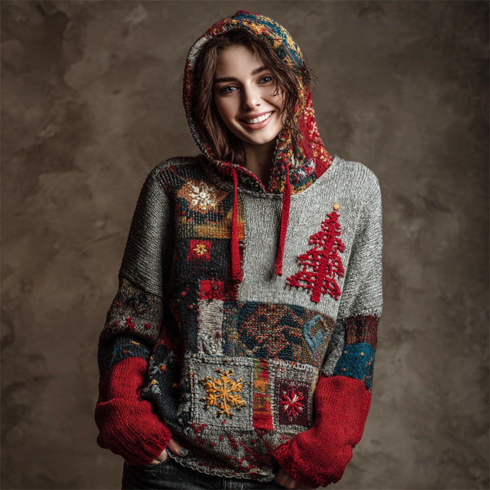 Vintage Christmas Tree Patchwork Art Women's Knit Hooded Sweater