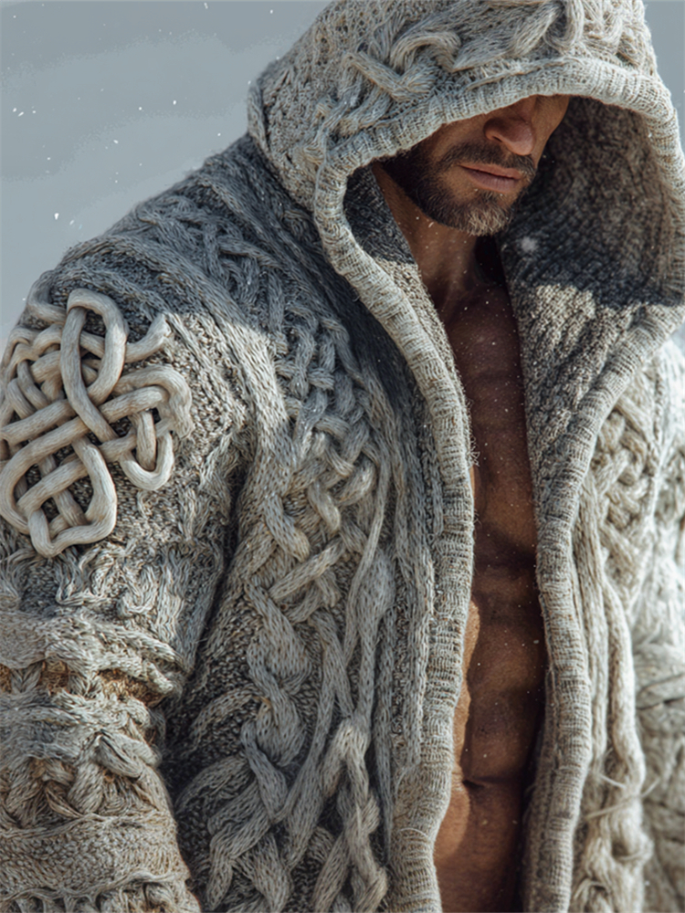 Men's Vintage Viking Celtic Knot Chunky Cozy Hooded Cardigan