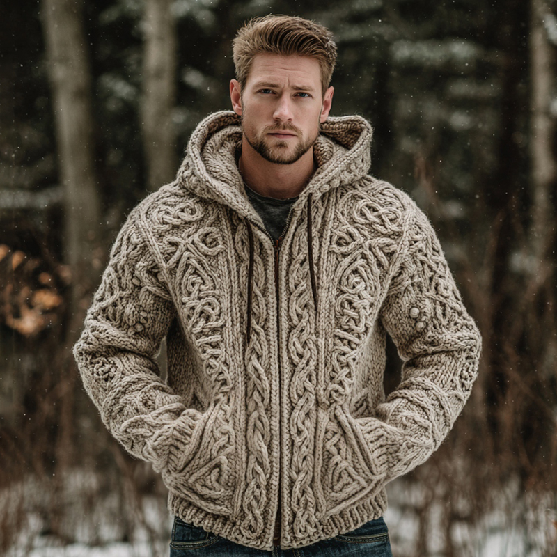 Men's Viking Celtic Knot Chunky Knit Hooded Sweater Cardigan