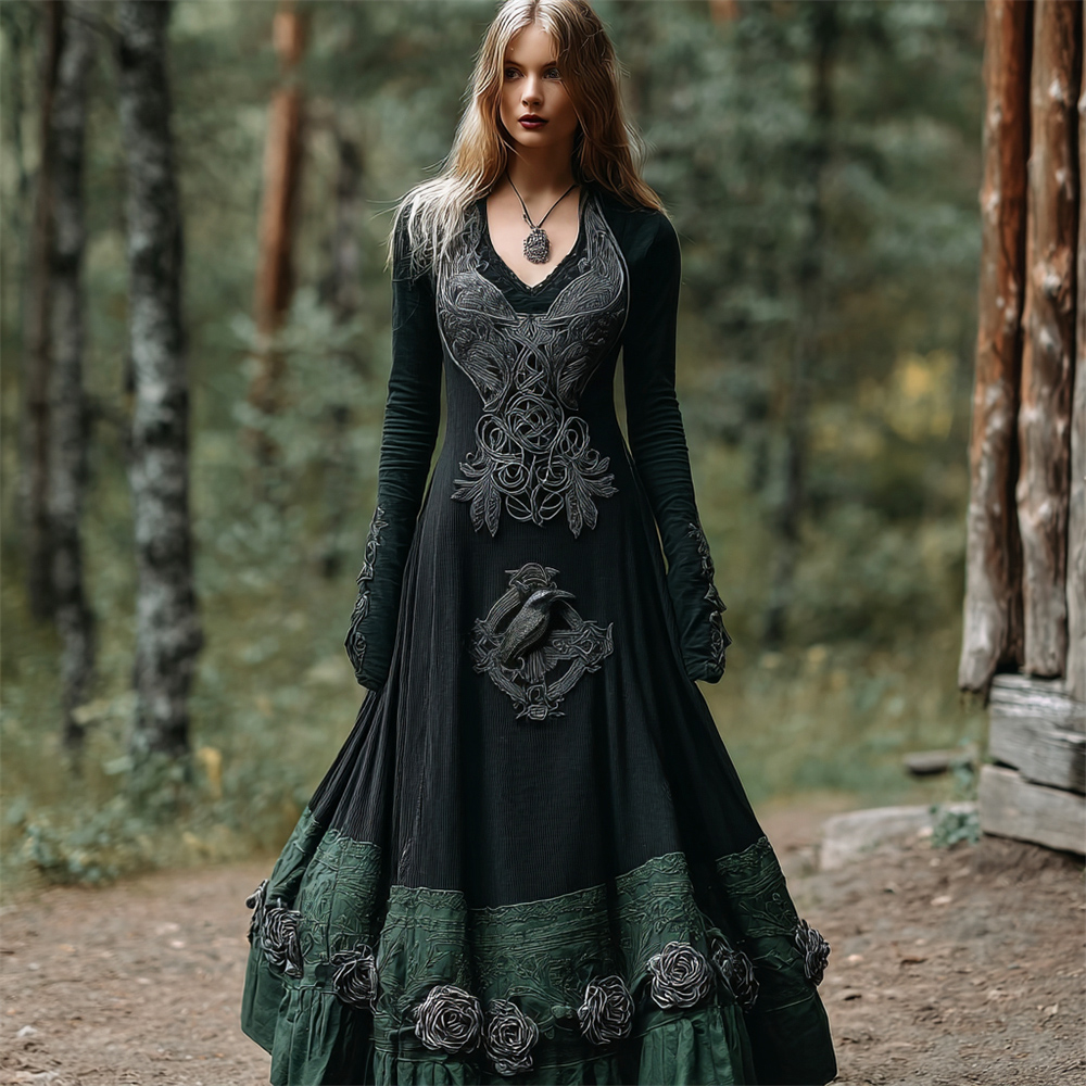 Halloween Crow & Rose Art Women's V-neck Long-sleeve Maxi Dress