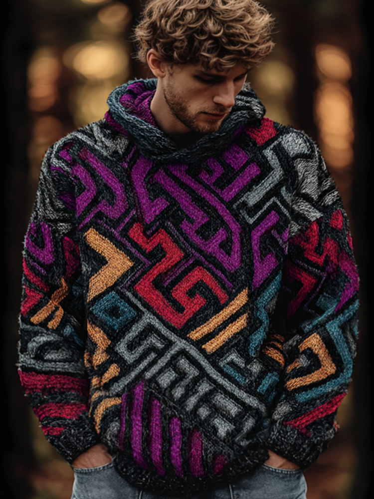 Men's Retro Geometric Line Embroidered Hooded Sweater