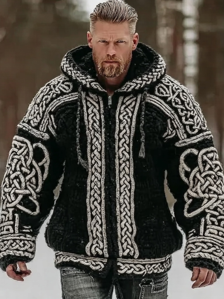 Men's Vintage Viking Celtic Knot Art Chunky Knit Hooded Zip-up Sweater