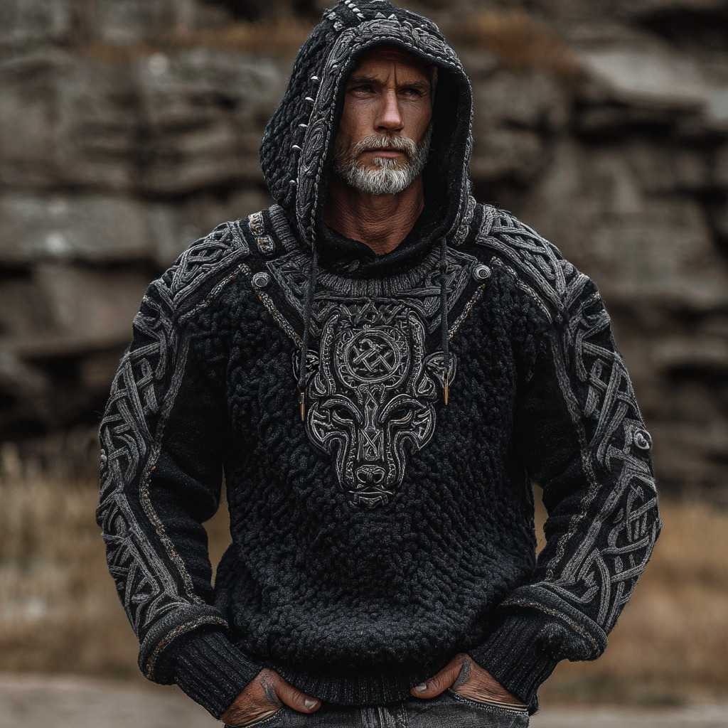 Men's Viking Wolf Celtic Jacquard Art Hooded Cozy Sweater