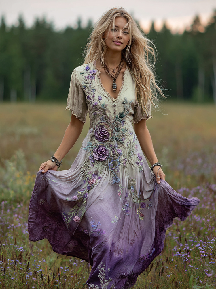 Women's Bohemian Floral Art Gradient Linen Maxi Dress