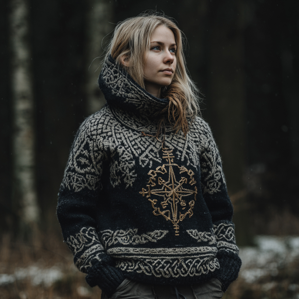 Women's Viking Style Viking Compass Contrasting Hooded Sweater