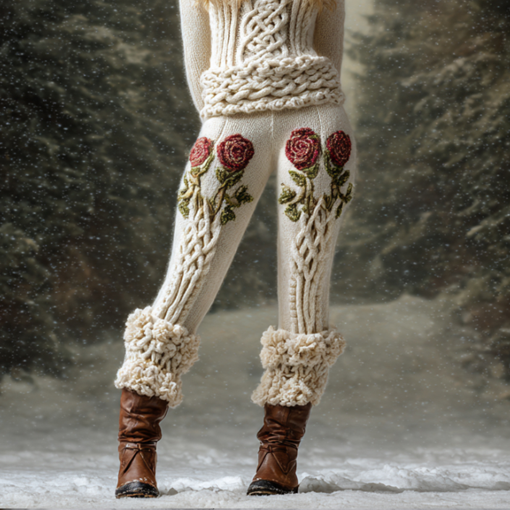 Women's Viking Style Rose Embroidered Leggings