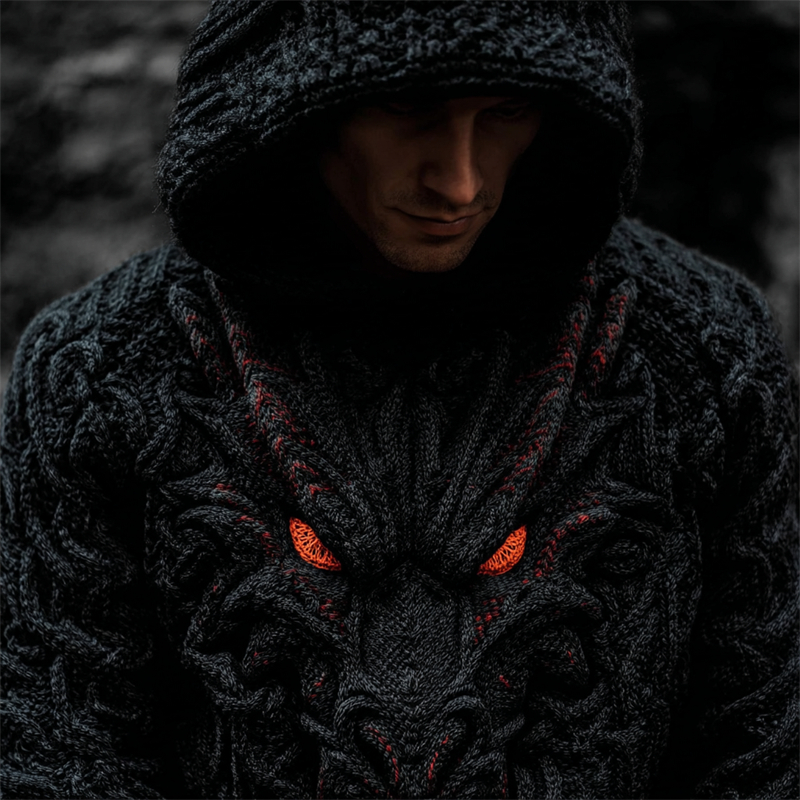 Men��s Vintage Evil Dragon Celtic Cozy Chunky Hooded Sweater