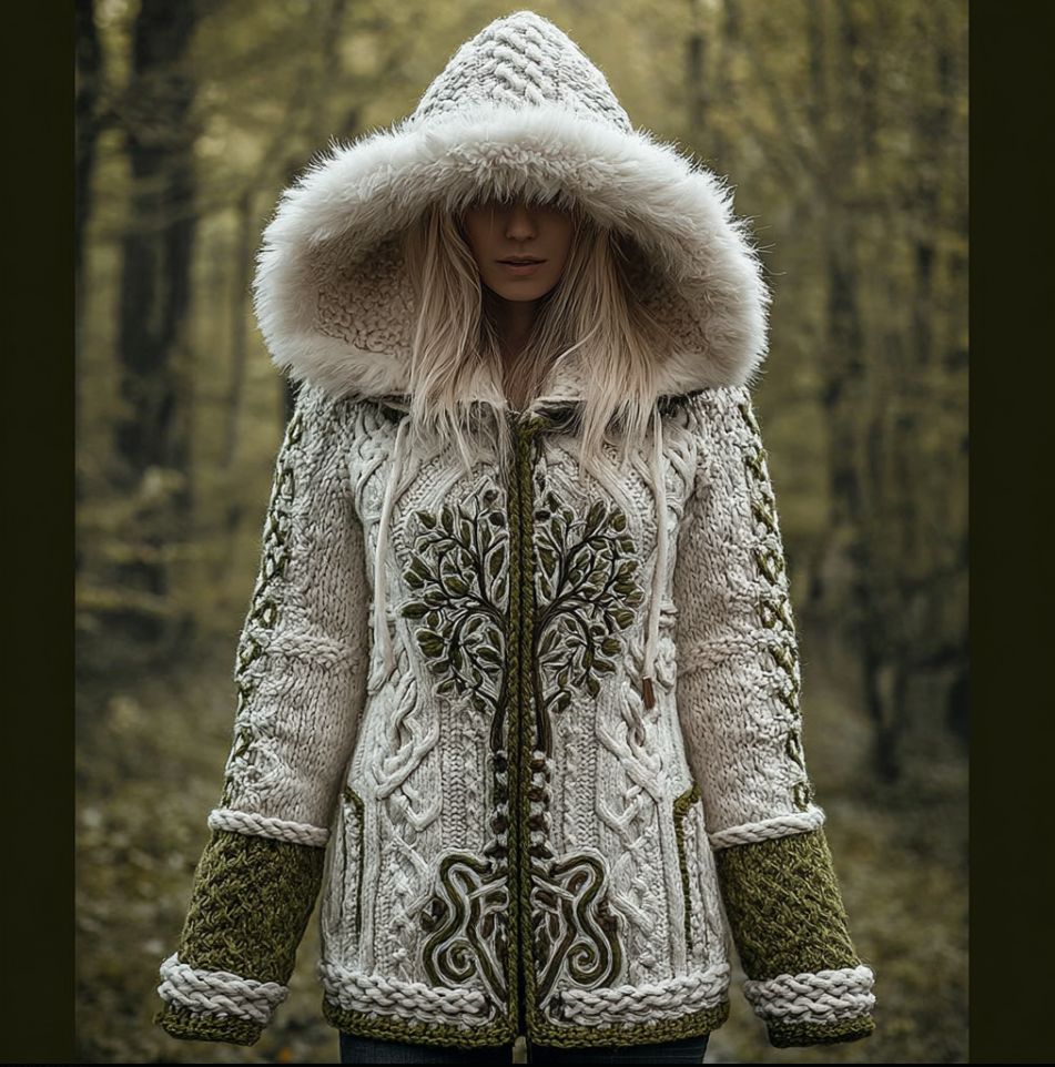 Viking Retro Style Women's Winter Warmth Knit Hooded Sweater Jacket