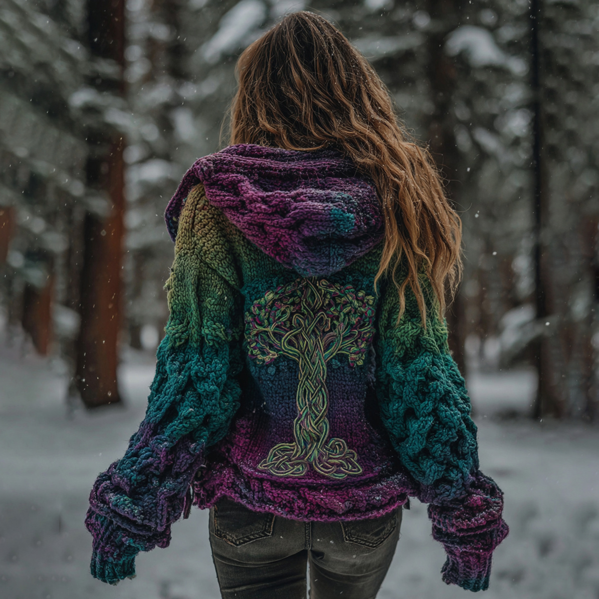 Women's Vintage Viking Tree Of Life Gradient Knit Zip-up Hooded Sweater