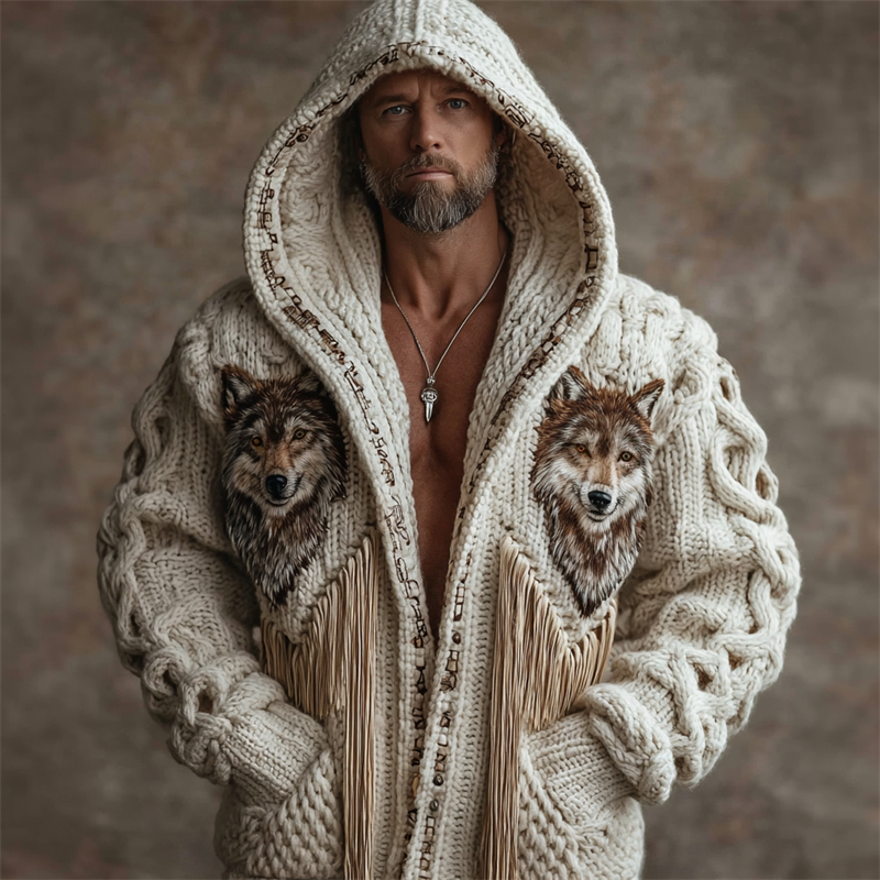Men's Vintage Western Wolf Tassels Chunky Hooded Cardigan