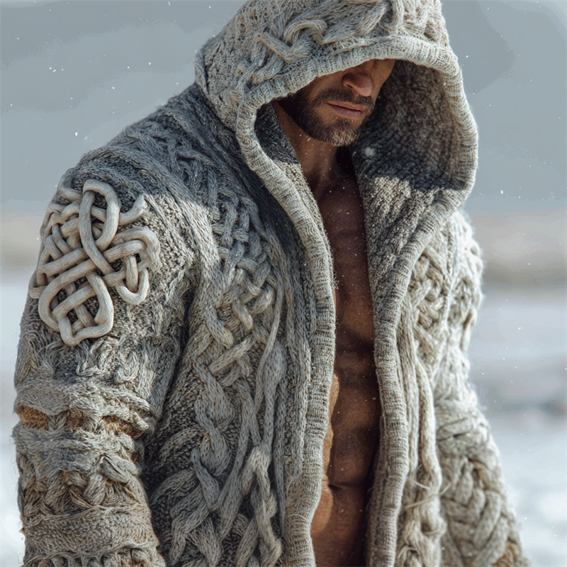 Men's Vintage Viking Celtic Knot Chunky Cozy Hooded Cardigan