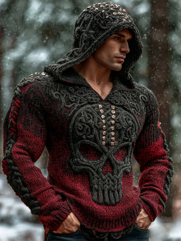 Viking Studded Skull Art Men's Chunky Knit Hooded Sweater