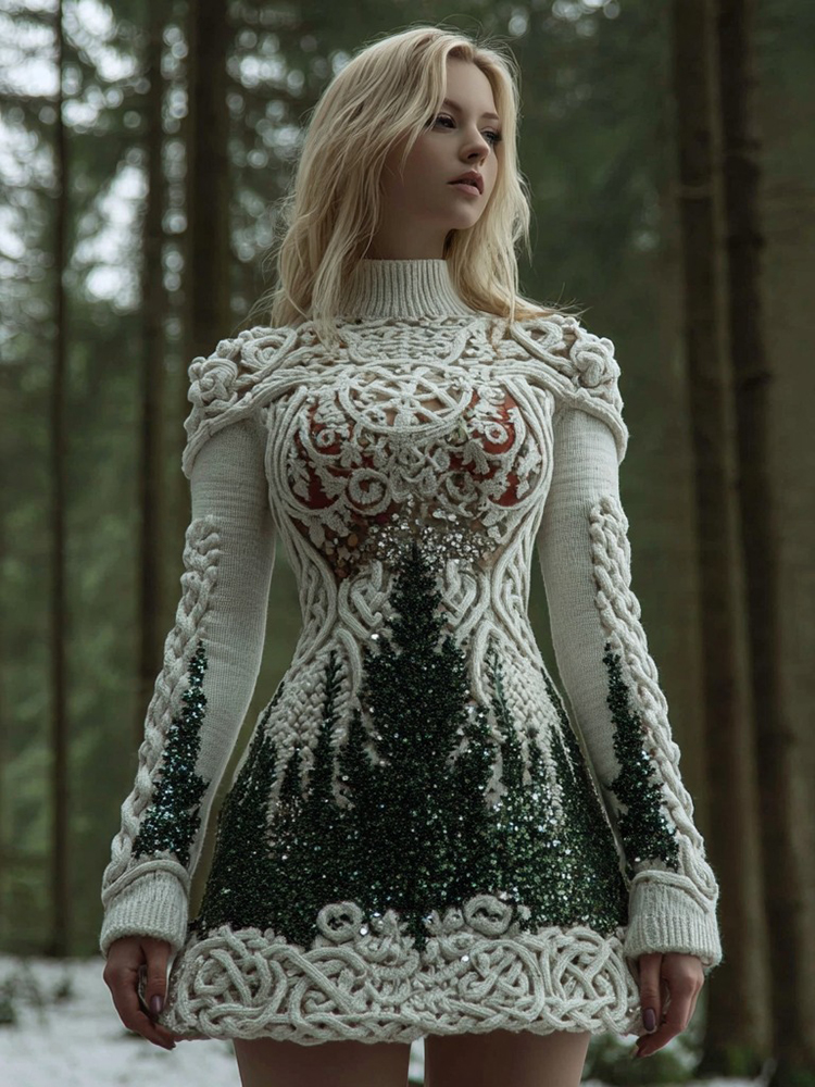 Women's Christmas Tree Forest Celtic Knot Sequins Knit Turtleneck Mini Sweater Dress