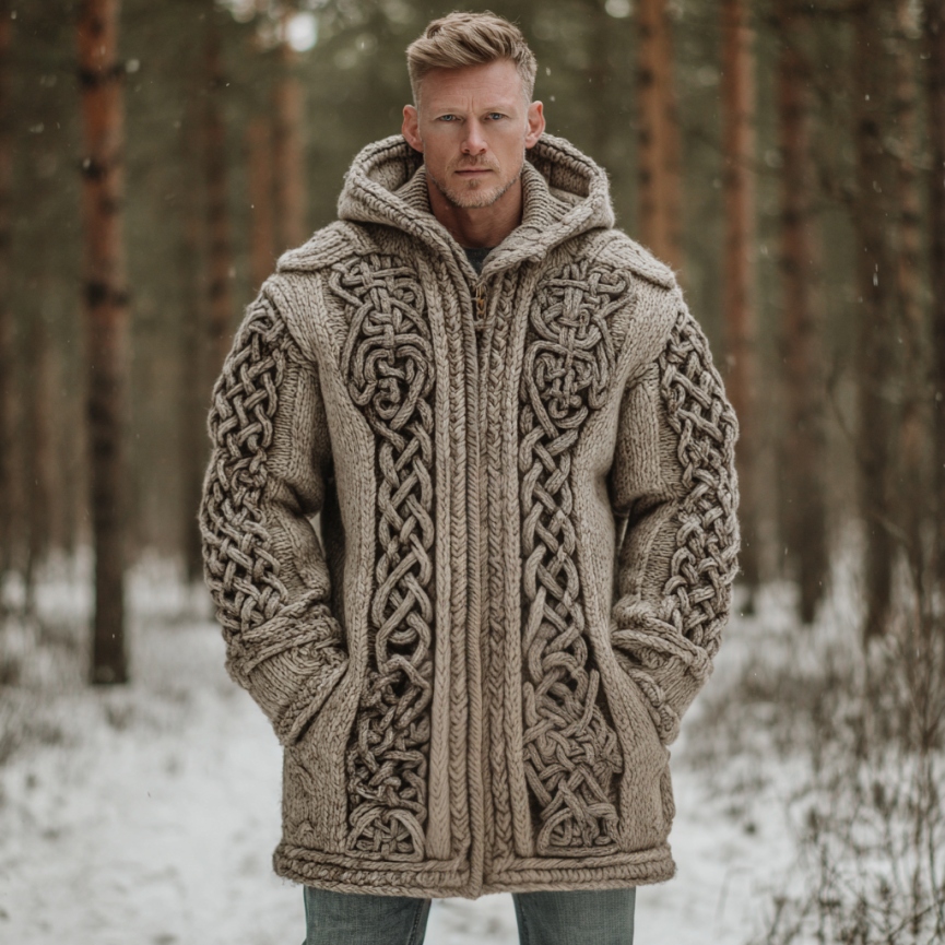 Men's Viking Celtic Pattern Art Cozy Knit Hooded Cardigan
