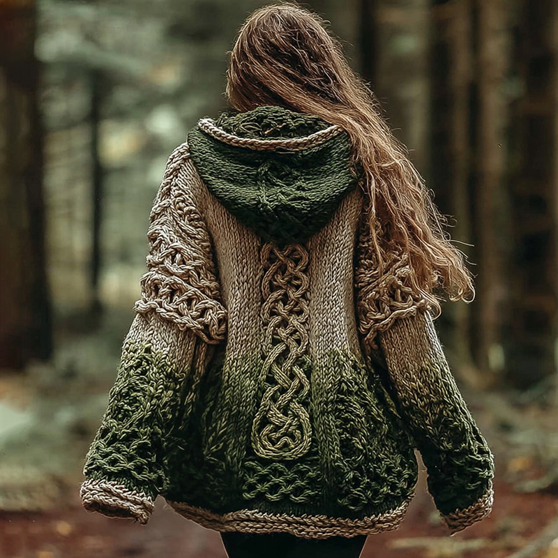 Women's Vintage Celtic Knot Gradient Pattern Knit Hooded Sweater