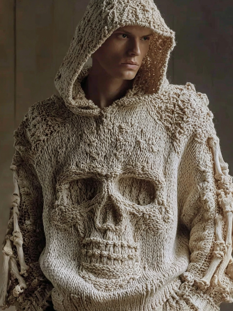Men Halloween Big Skull White Vintage Hooded Sweater