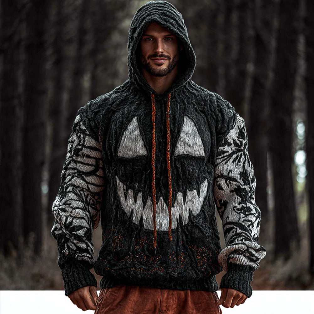 Halloween Pumpkin Emoji Black And White Two Tone Thick Hooded Sweater