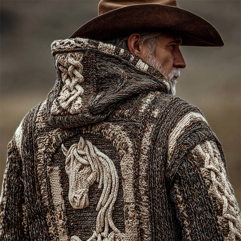 Men's Vintage Horse Crochet Celtic Cozy Chunky Hooded Cardigan