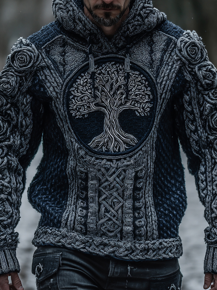Men's Viking Tribal Jacquard Celtic With Rose And Tree Of Life Inspired Chunky Knit Hooded Sweater