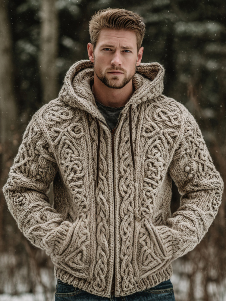 Men's Viking Celtic Knot Chunky Knit Hooded Sweater Cardigan