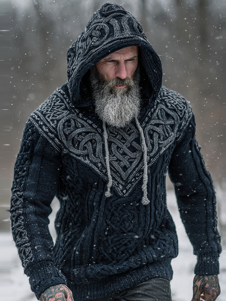 Men's Viking Tribal Jacquard Celtic Knotwork  Inspired Chunky Knit Hooded Sweater