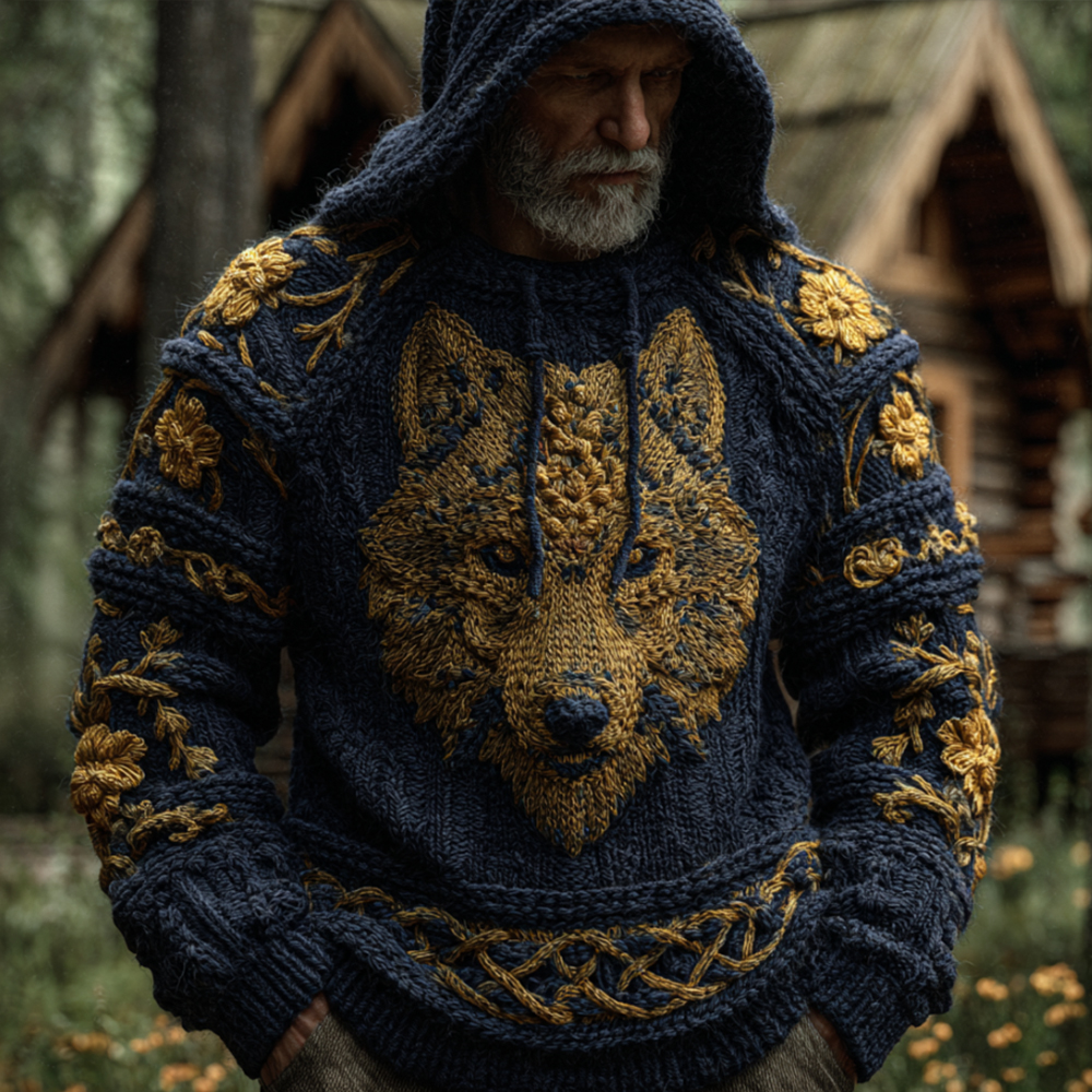 Men's Viking Golden Wolf Totem Vintage Hooded Sweater