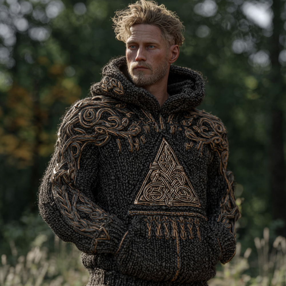 Men's Vintage Viking Celtic Knot Knitted Hooded Sweater