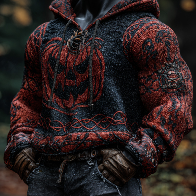 Men's Vintage Viking Halloween Ghost Face Embroidered Hoodie