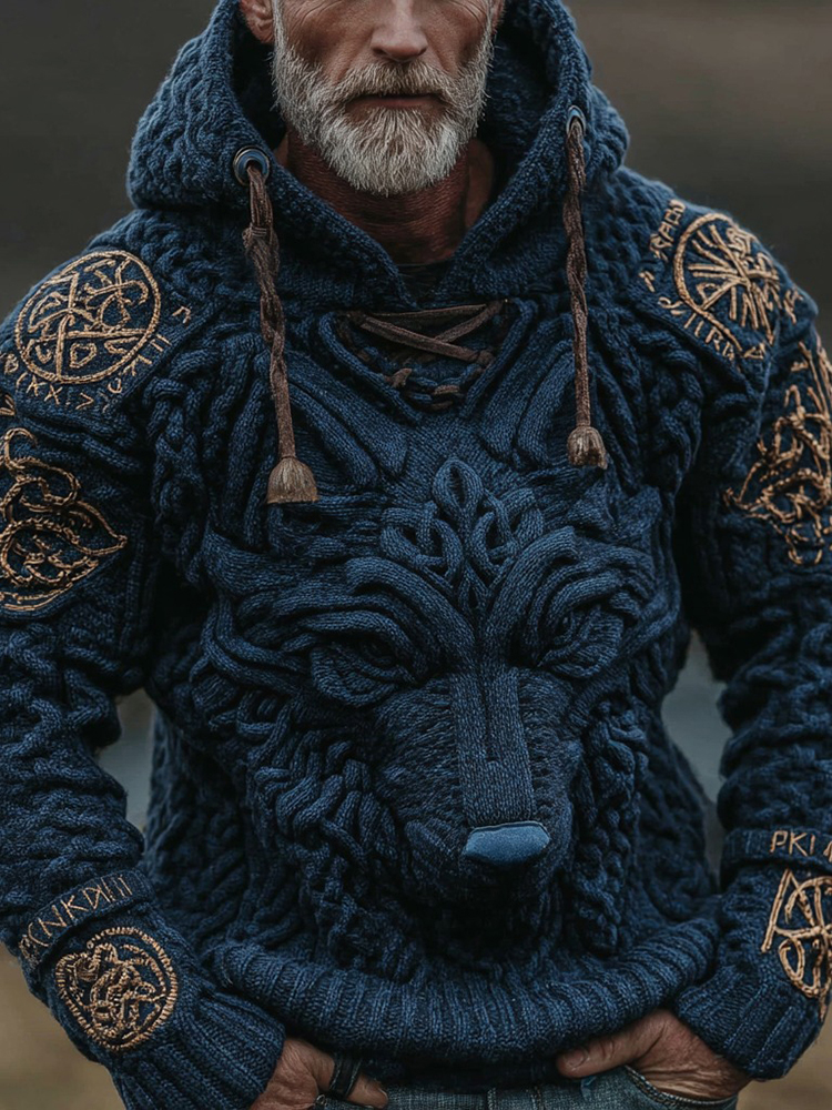 Viking Wolf Rune Chunky Knit Jacquard Hoodie