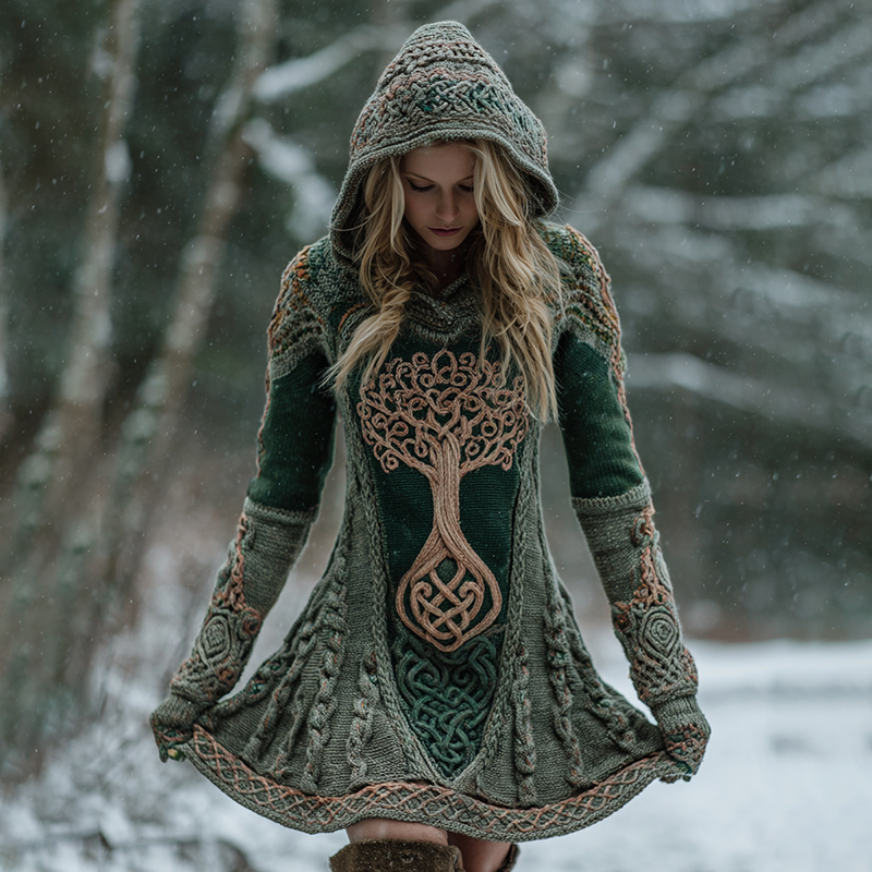 Celtic Knot Tree Of Life Jacquard Thick Hooded Midi Dress