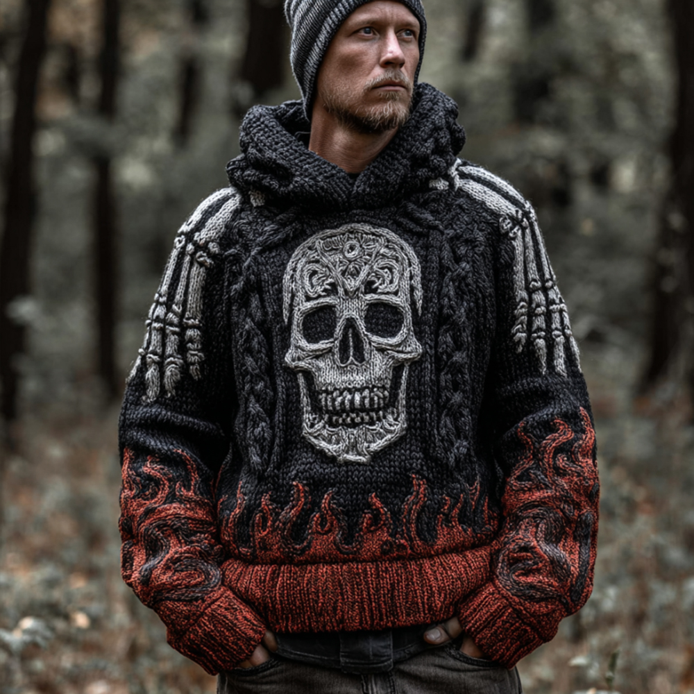 Men's Halloween Flame Skull Retro 3d Embroidery Hooded Sweater