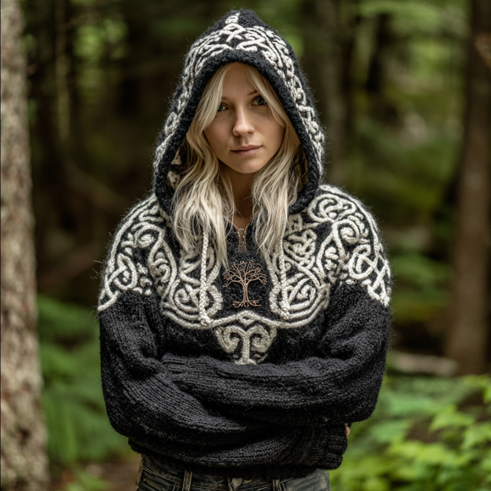 Women's Viking Style Tree Of Life Black And White Casual Hooded Sweater
