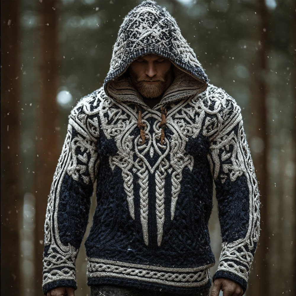 Men's Viking Style Contrasting Thick Needle Hooded Sweater