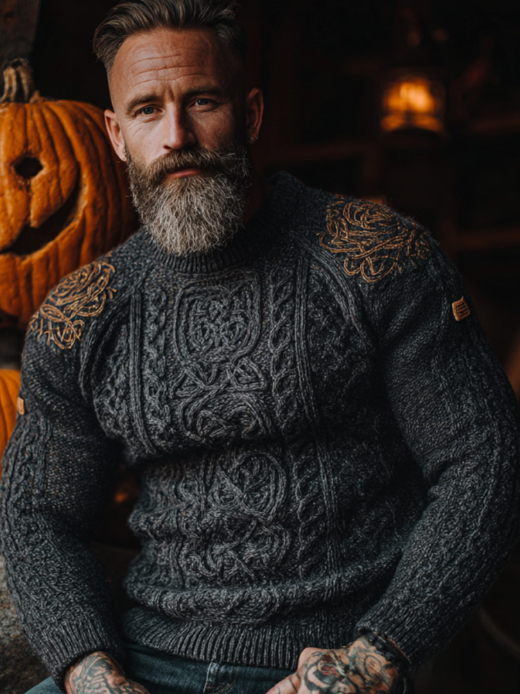 Men's Vintage Viking Halloween Embroidered Sweater