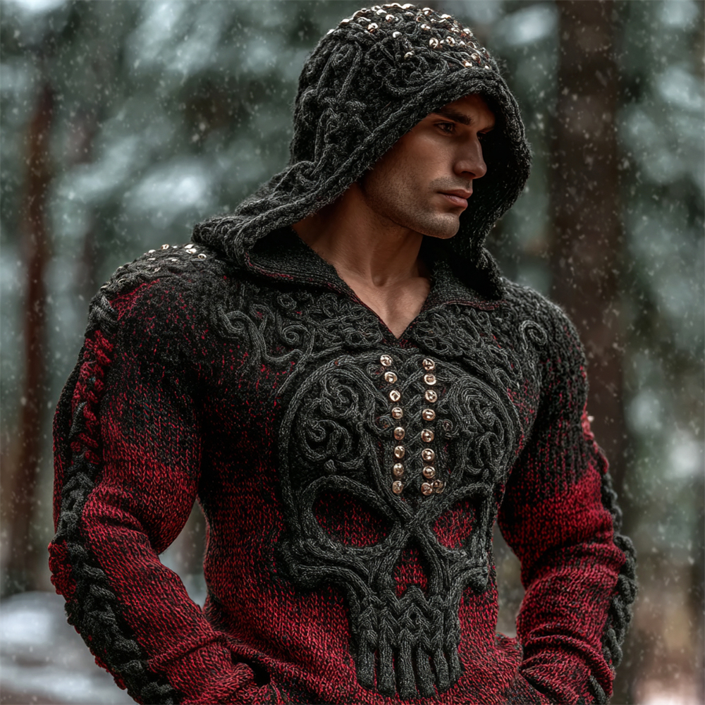 Viking Studded Skull Art Men's Chunky Knit Hooded Sweater
