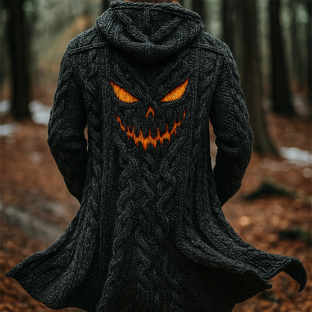 Halloween Evil Pumpkin Emoji Men's Chunky Knit Hooded Long Cardigan