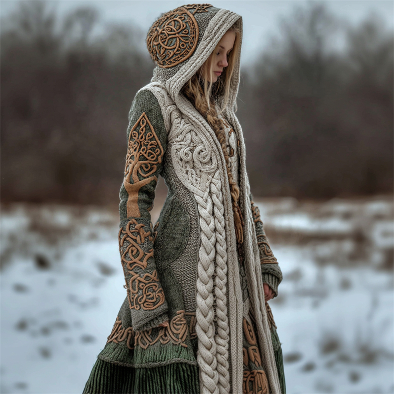 Viking Totem Tree Of Life Celtic Chunky Hooded Long Cardigan