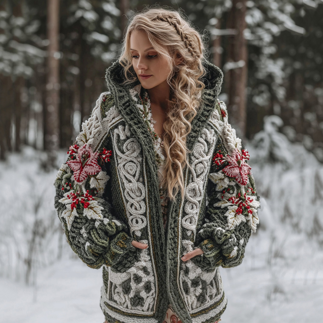 Women's Celtic Knot Christmas Flower Jacquard Button Chunky Hooded Sweater