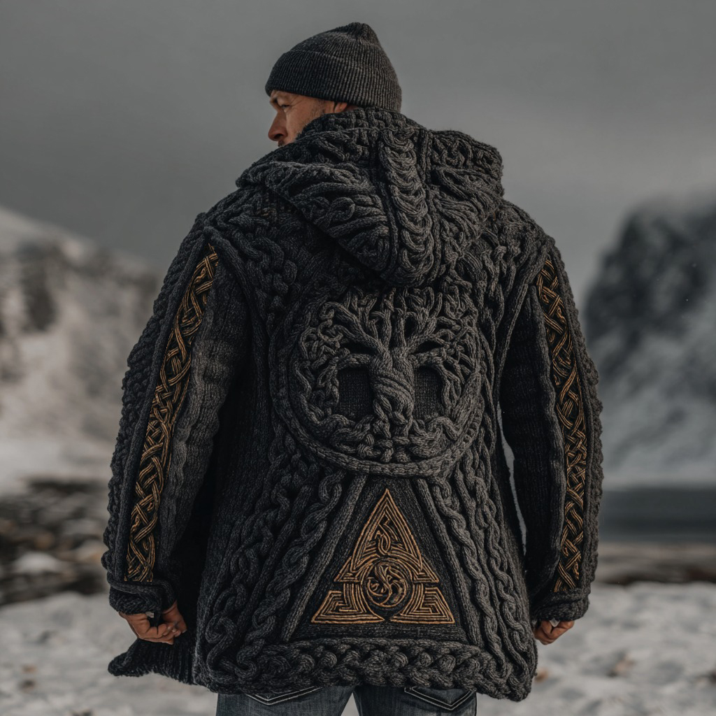 Men's Viking Life Of Tree And Runes Chunky Knit Hooded Cardigan