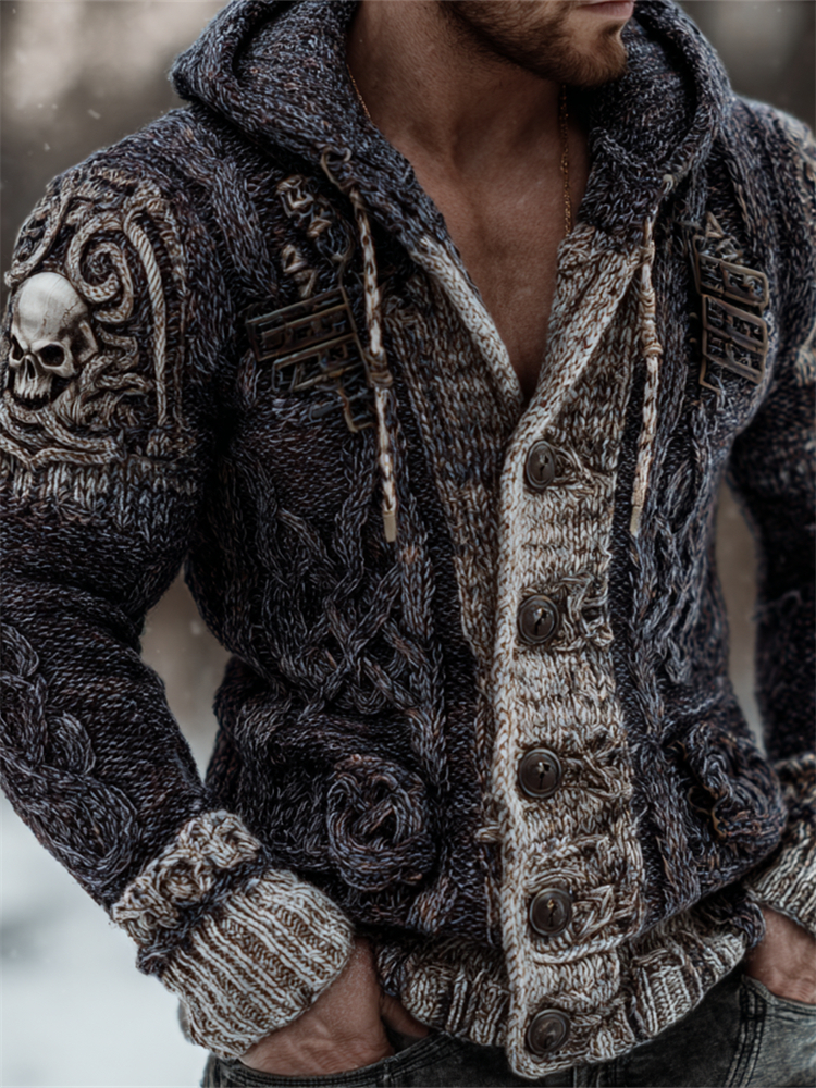 Men's Skulls Viking Celtic Knot Chunky Cozy Hooded Cardigan