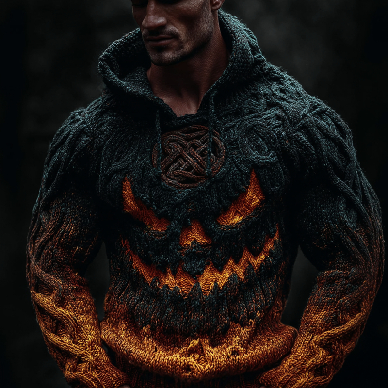 Men's Halloween Pumpkin Viking Celtic Gradient Cozy Chunky Hooded Sweater